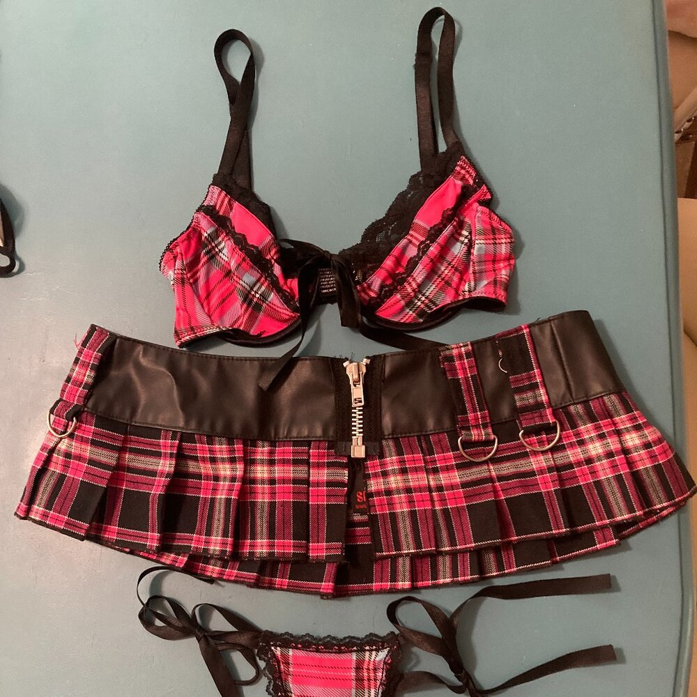 Pink Tartan 3-Piece Sexy Schoolgirl Lingerie Outfit